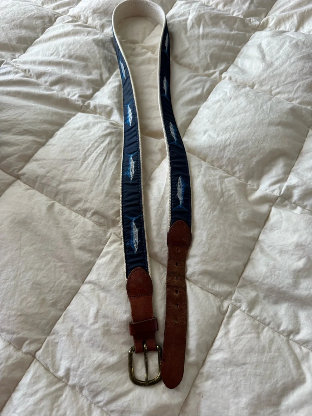 Vintage Navy Fish Embroidered Belt – Size 46 Leather Trim & Solid Brass Buckle